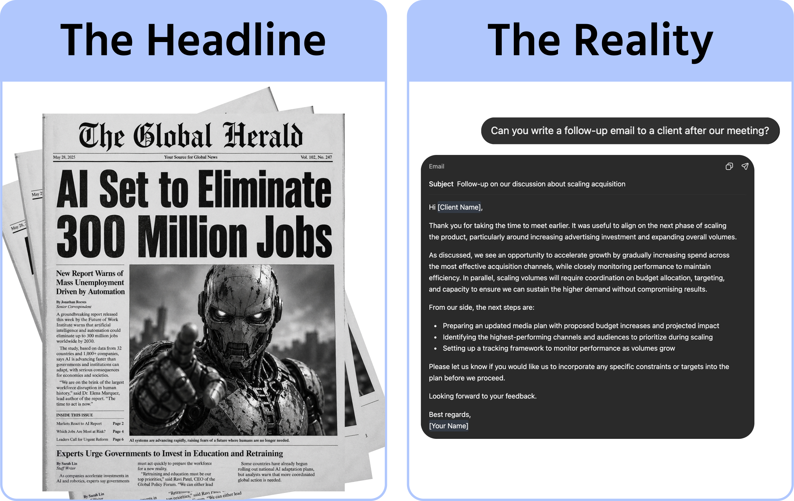 Split-screen image. Left side: a dramatic news headline like "AI Set to Eliminate 300 Million Jobs" with a stock photo of a robot. Right side: a plain ChatGPT chat window where someone asks "Can you write a follow-up email to a client after our meeting?" and gets a clean, useful response. Both sides labeled: "The headline" and "The reality". No logos needed — focus on the contrast.