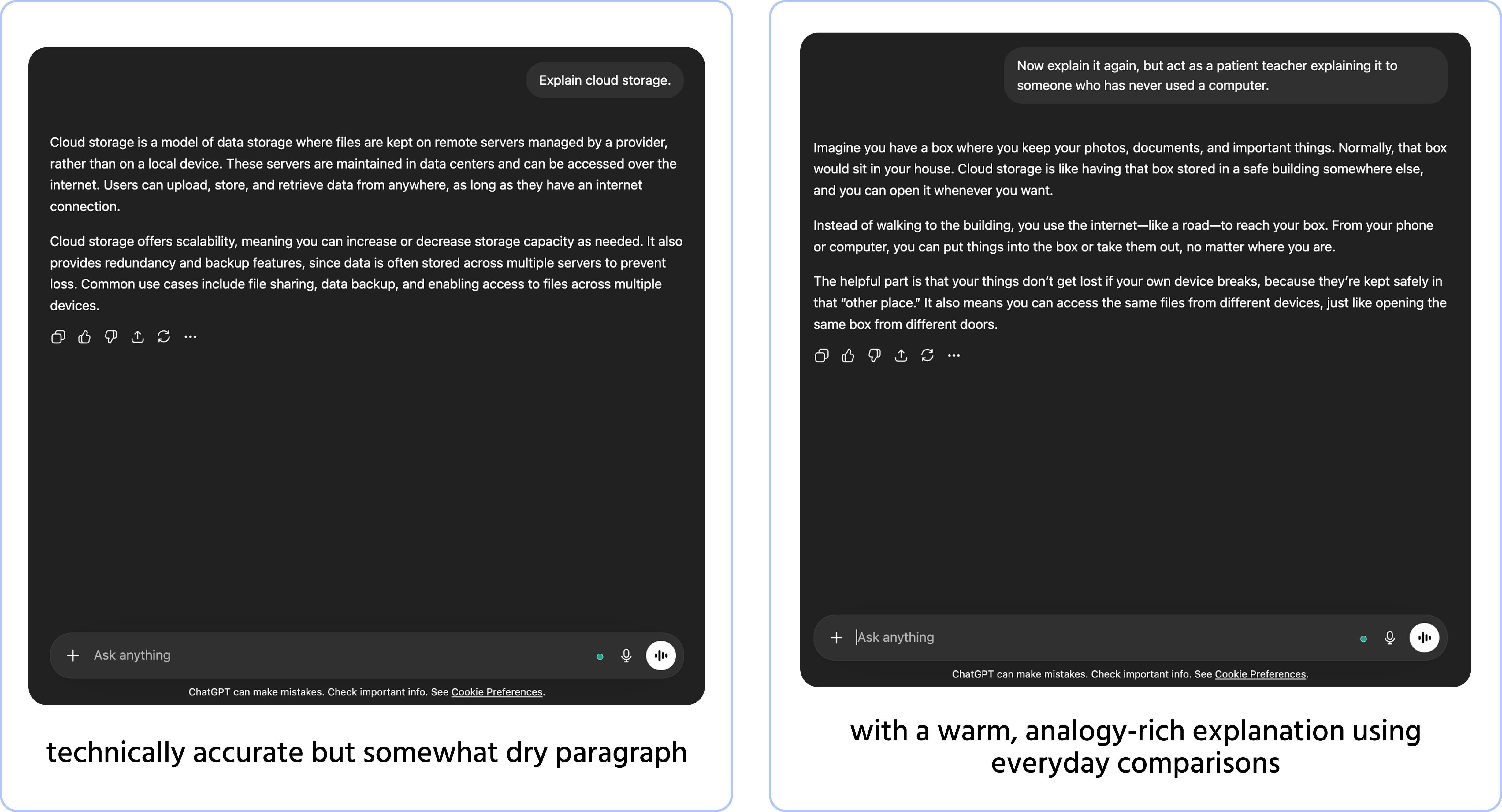 Screenshot description: A chat window showing two consecutive exchanges. First message from user: Explain cloud storage. — AI responds with a technically accurate but somewhat dry paragraph. Second message from user: Now explain it again, but act as a patient teacher explaining it to someone who has never used a computer. — AI responds with a warm, analogy-rich explanation using everyday comparisons (like a storage unit you can access from anywhere). The transformation in tone and accessibility is clearly visible. Both responses fully visible, one after the other in the same thread.