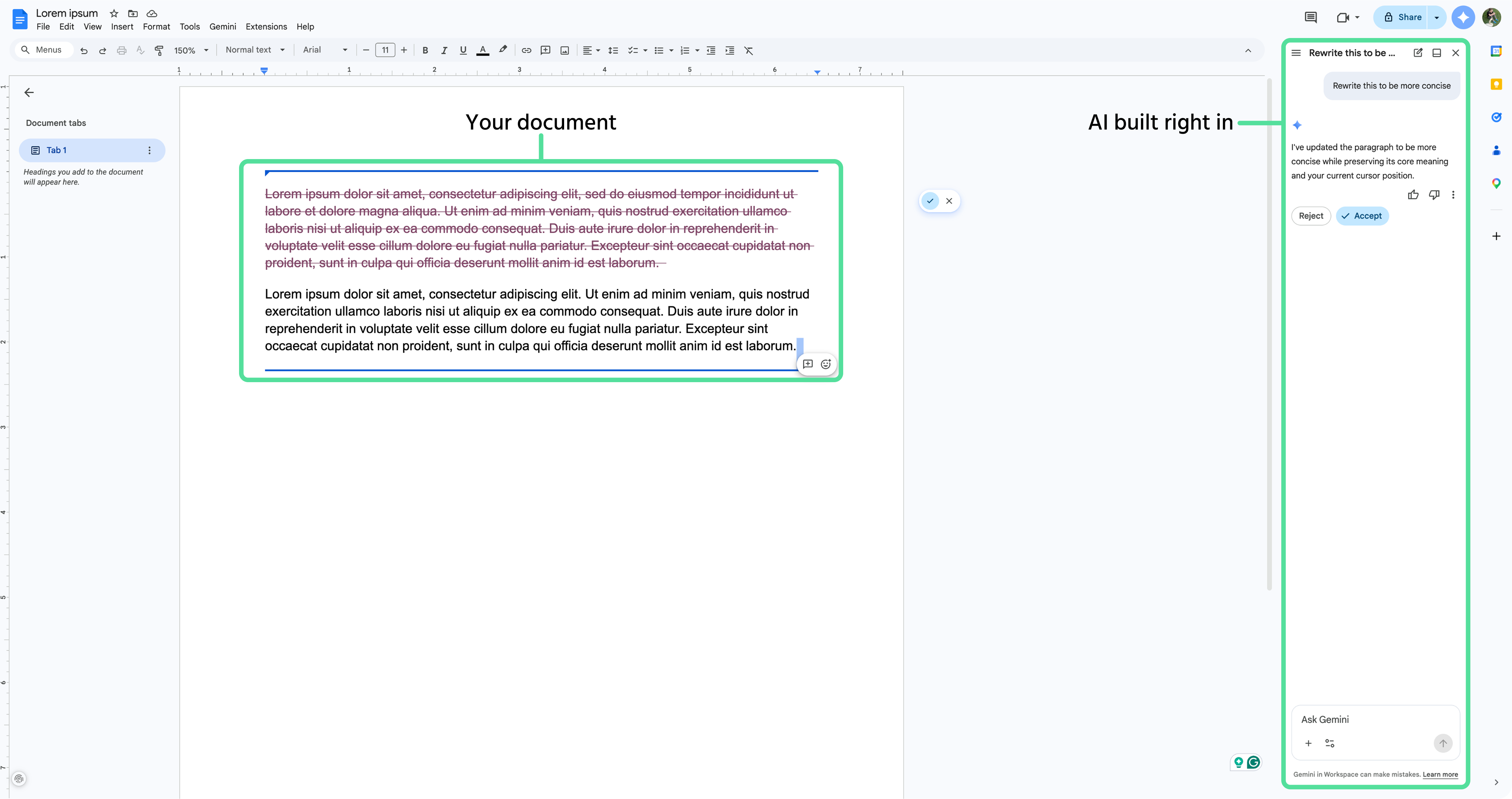 Screenshot description: Microsoft Word open with the Copilot panel visible on the right side. The user has highlighted a paragraph in the document, and the Copilot panel shows a prompt "Rewrite this to be more concise" with a generated result below. Labeled with two annotations: "Your document" (pointing to the Word content area) and "AI built right in" (pointing to the Copilot panel). Clean, no sensitive content in the document text — use placeholder lorem ipsum-style professional text.
