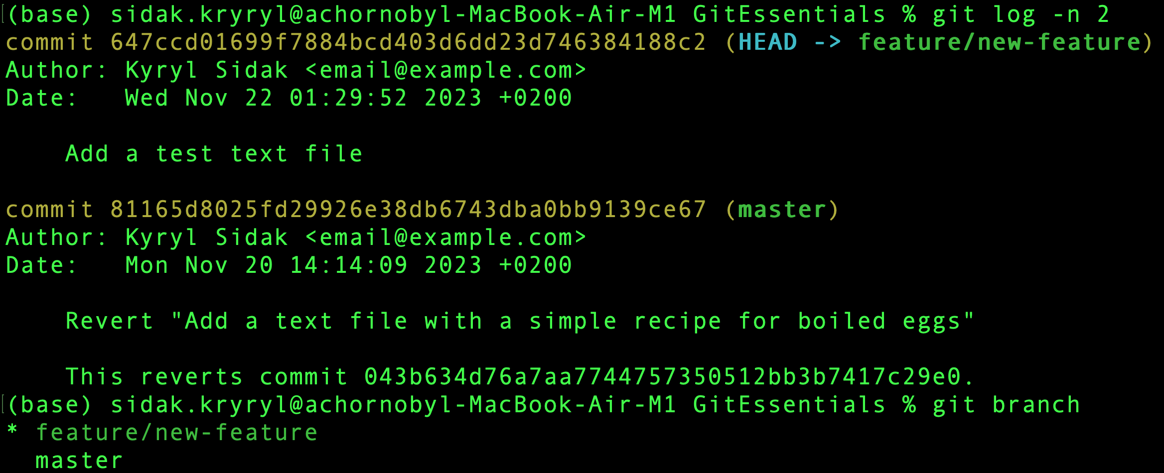 Mostrando los dos commits más recientes y listando las ramas