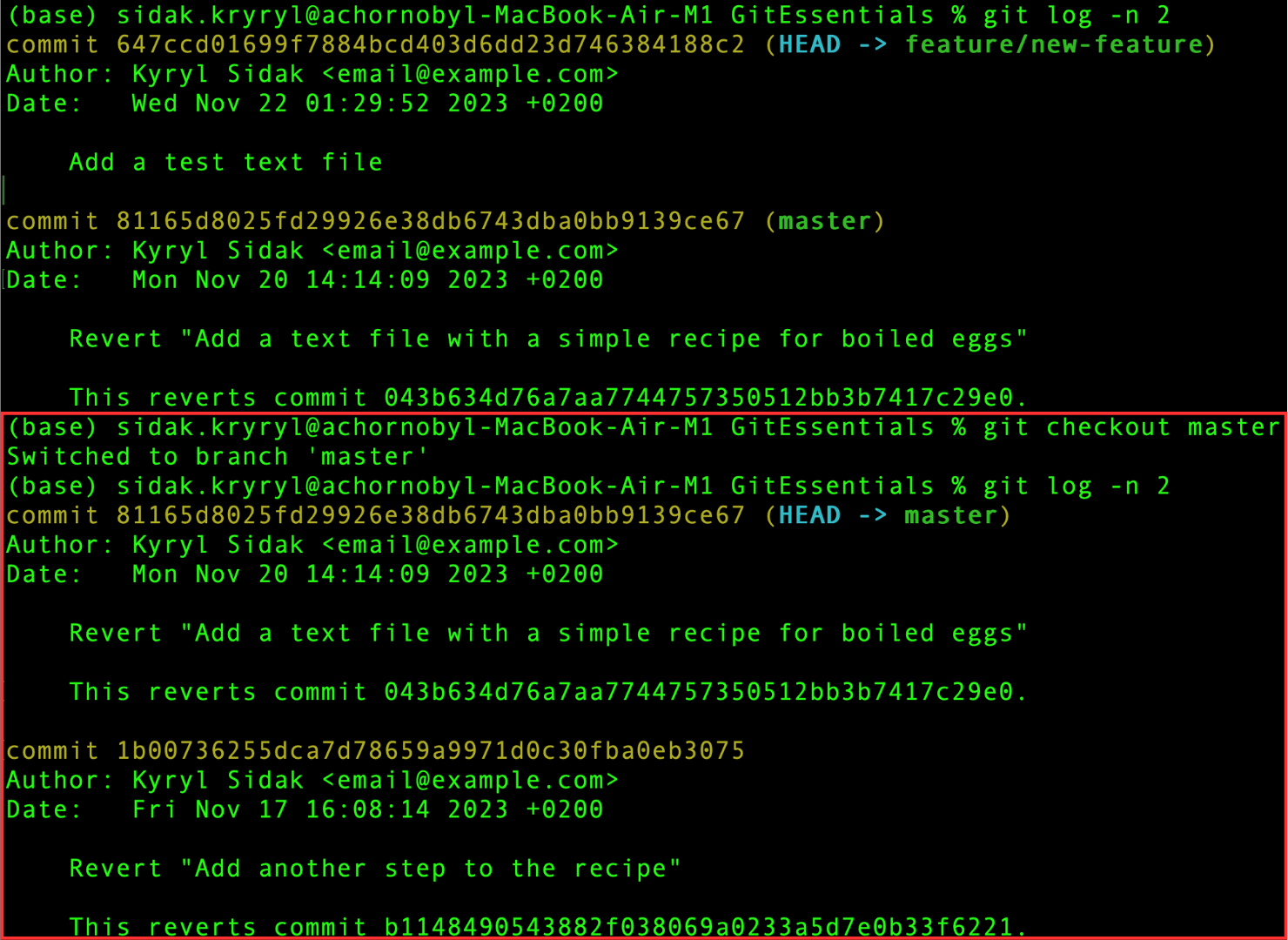 Byter till master och visar de två senaste commitarna