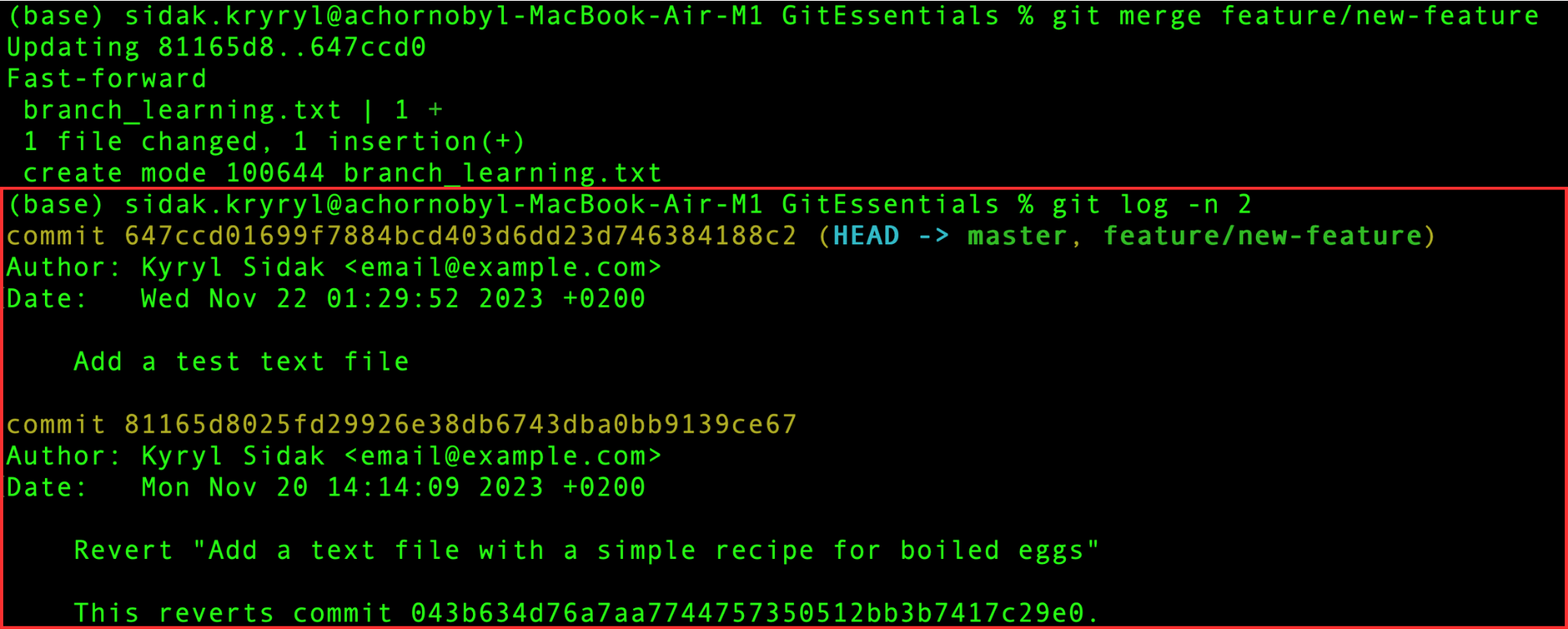 De två senaste commitarna efter sammanslagning