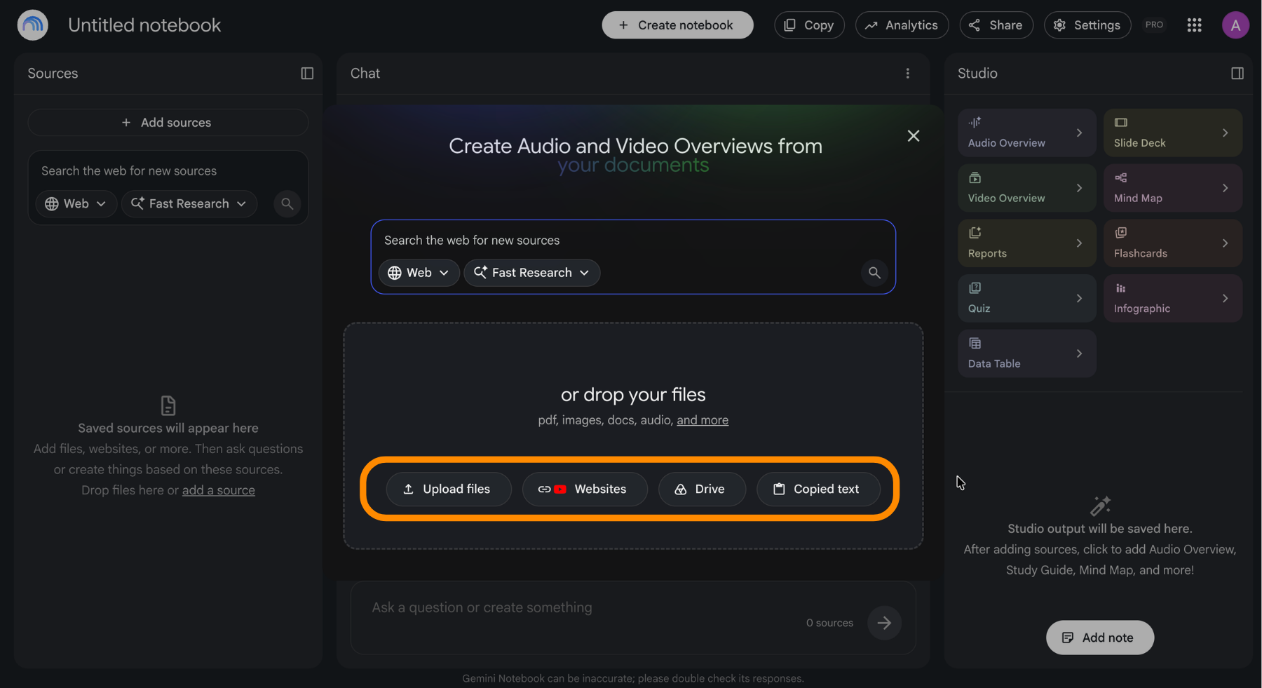   > **📸 Screen 2** – Page: a notebook with the add sources dialog open, whole window. > Circle: the row of source type options (upload, Drive, link, paste text).