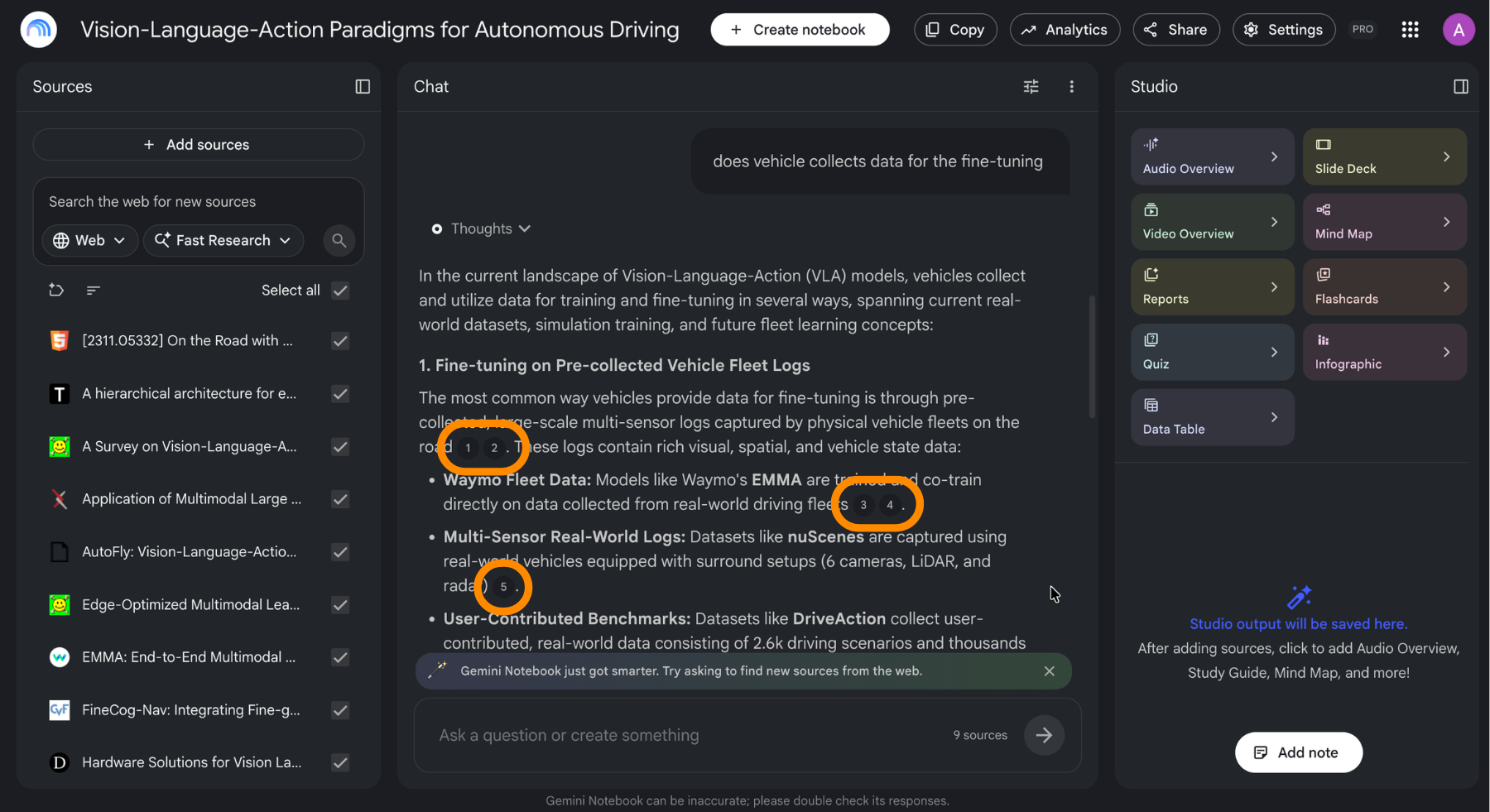   > **📸 Screen 4** – Page: a chat answer containing several numbered citations, whole window. > Circle: two of the citation markers inside the answer text.