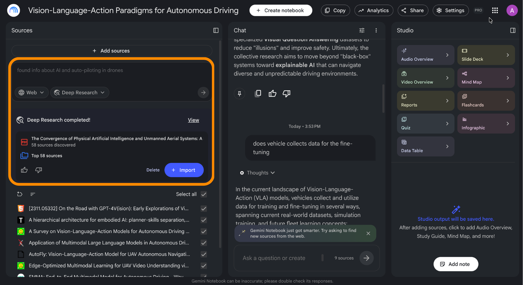  > **📸 Screen 6** – Page: deep research results with the discovered sources listed, whole window. > Circle: the control that adds the found sources to the notebook.