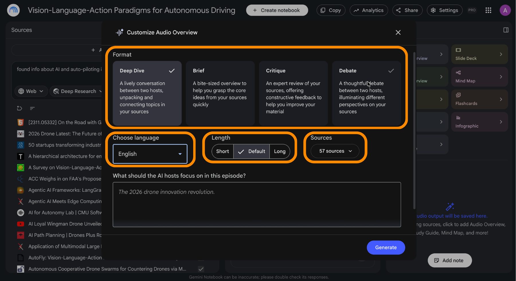   > **📸 Screen 7** – Page: the Studio panel with a generated audio overview and its format options visible, whole window. > Circle: the format options, and the play control on the generated overview.