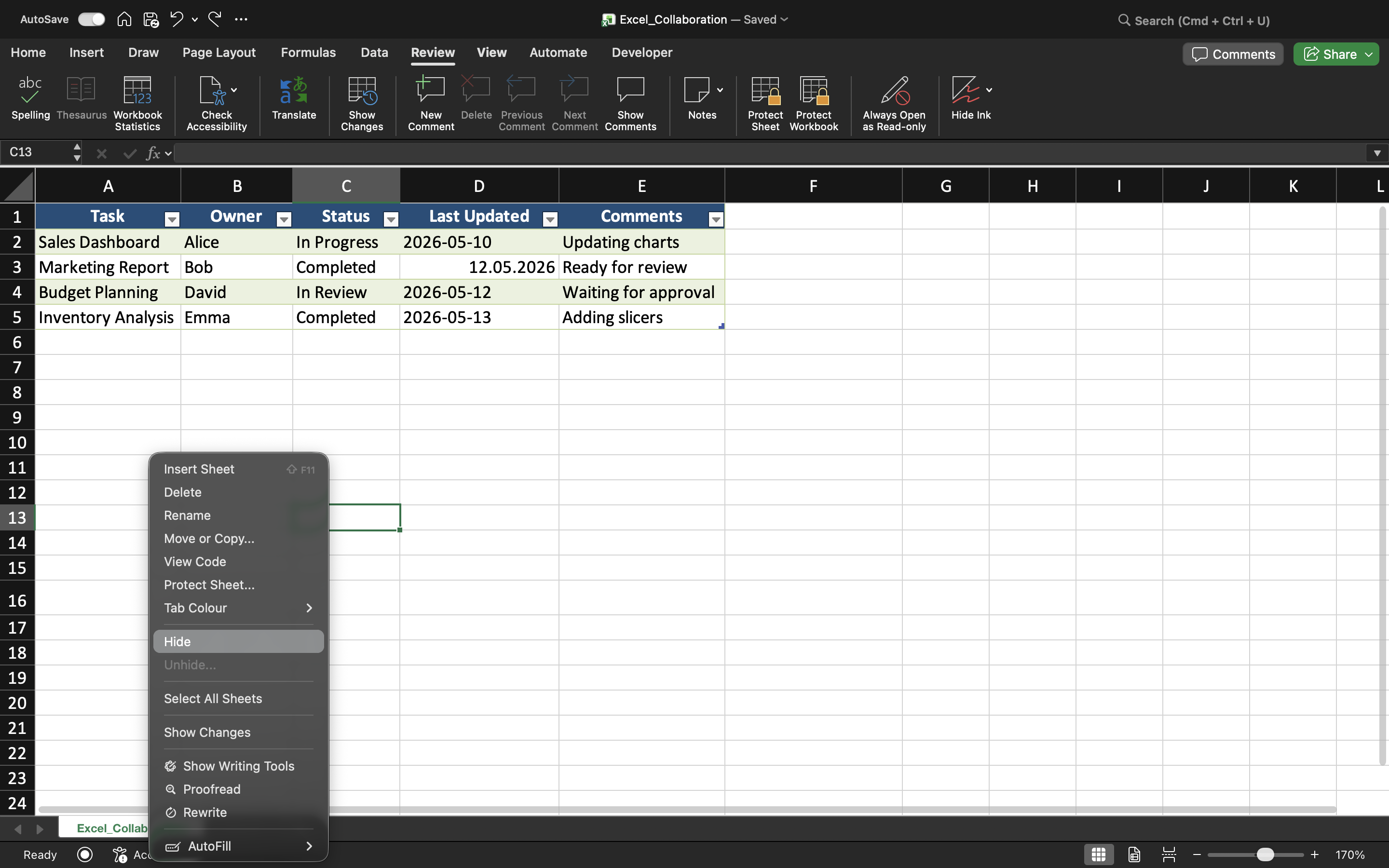 Excel シートの非表示