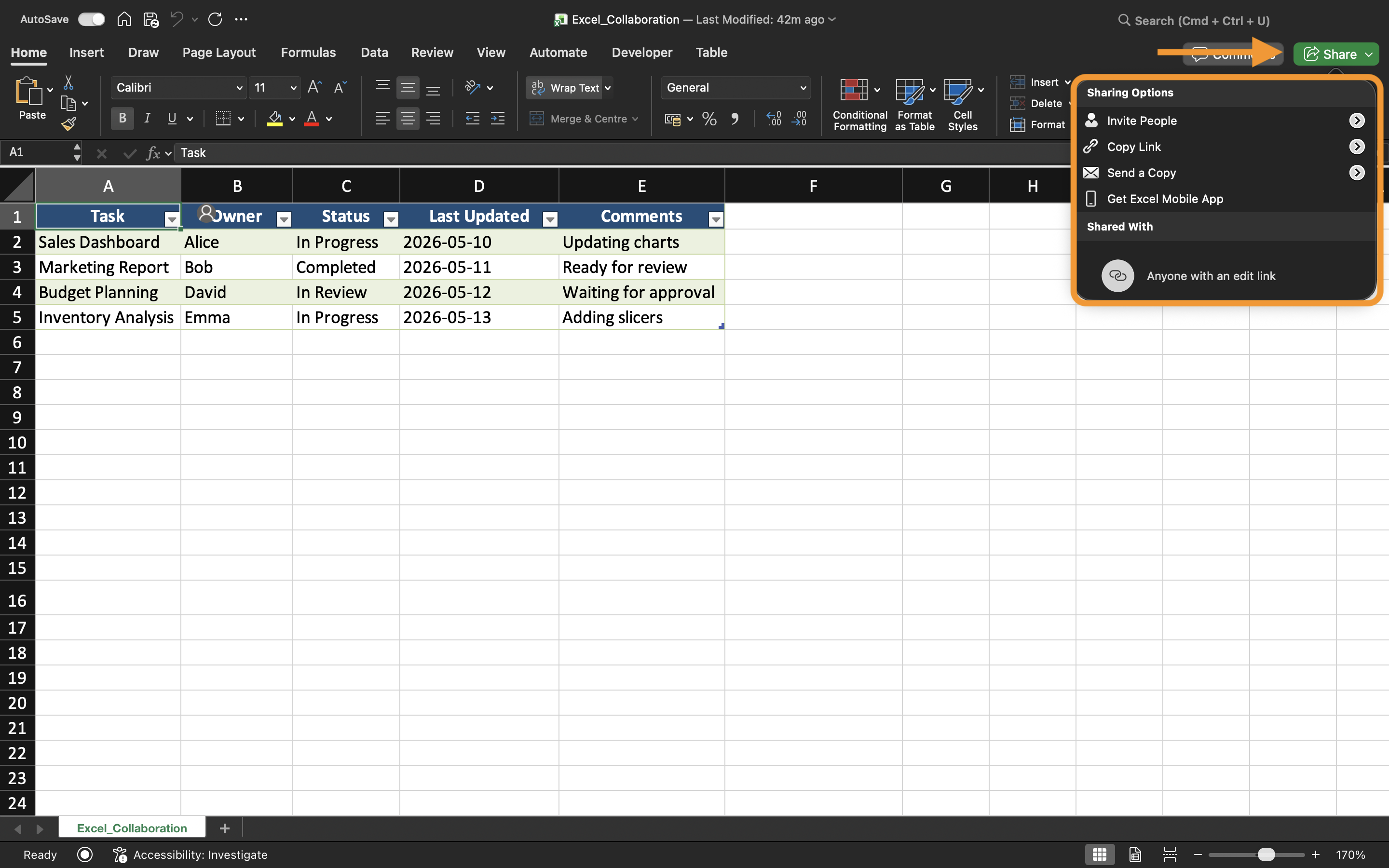 Excel の共有ボタン